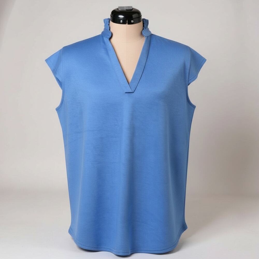 SSYS The Label Blue Ruffle Collar Split Neck Cap Sleeve Top Blouse Women Size S